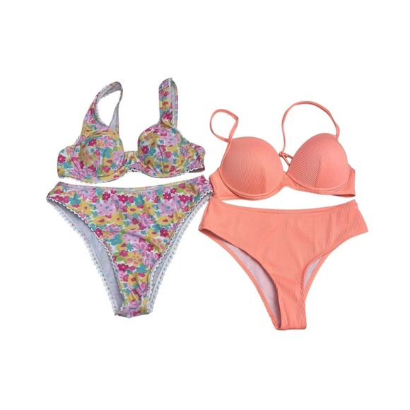 Two Piece Bikinis Size M Spaghetti Straps Ribbed Orange & White Floral Lot of 2 - Picture 1 of 14
